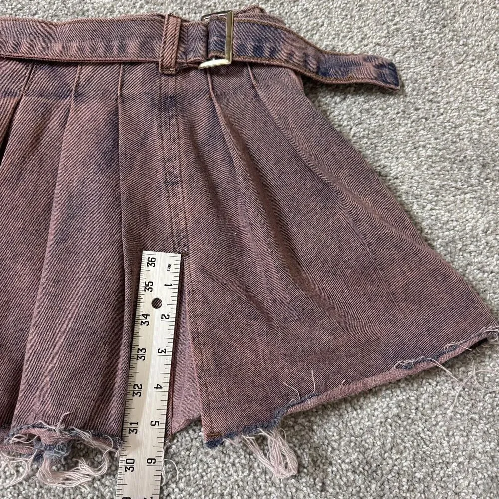 Fashion Nova Skirt Womens XL Pink Denim Pleated Mini Belted Raw Hem Micro Grunge - Picture 11 of 11